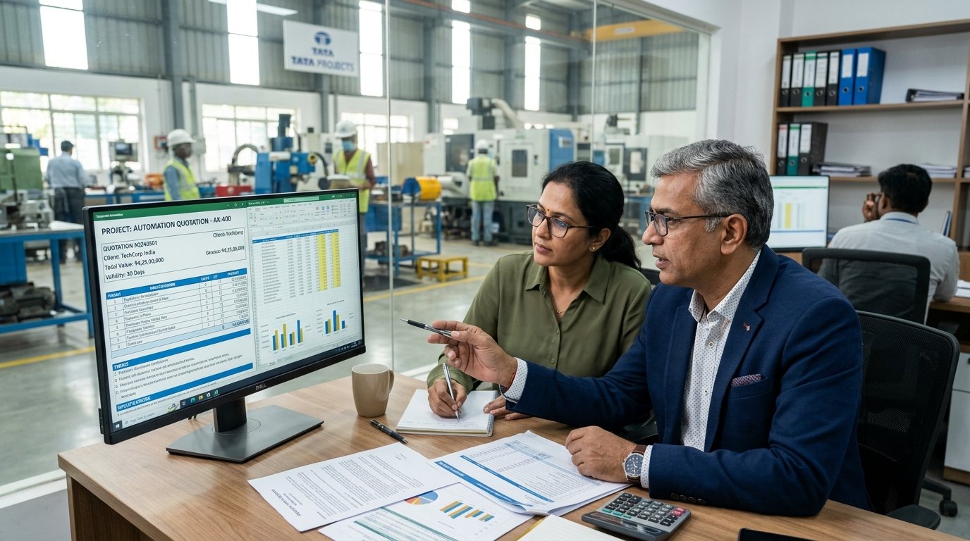 Commercial sales estimator and manager reviewing quote telemetry on dual monitors in plant office